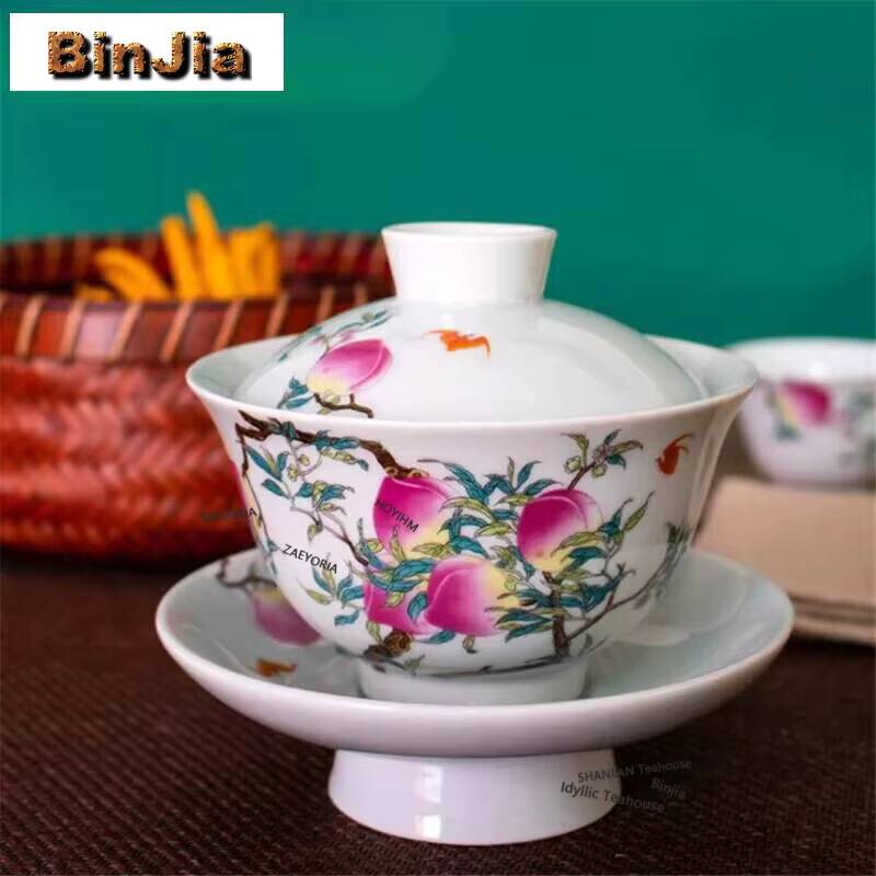 Herbal Tea For Wellness - เคลือบสีเคลือบด้วยมือบนผนังพร้อมลวดลายลูกพีชอายุยืนยาว ชุดถ้วยชาซานไช่เพื่อสุขภาพแบบกังฟู ทนความร้อน